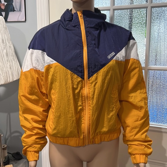 GUESS MUSTARD YELLOW BLUE PUFFER BOMBER SHORT JACKET - Picture 3 of 6